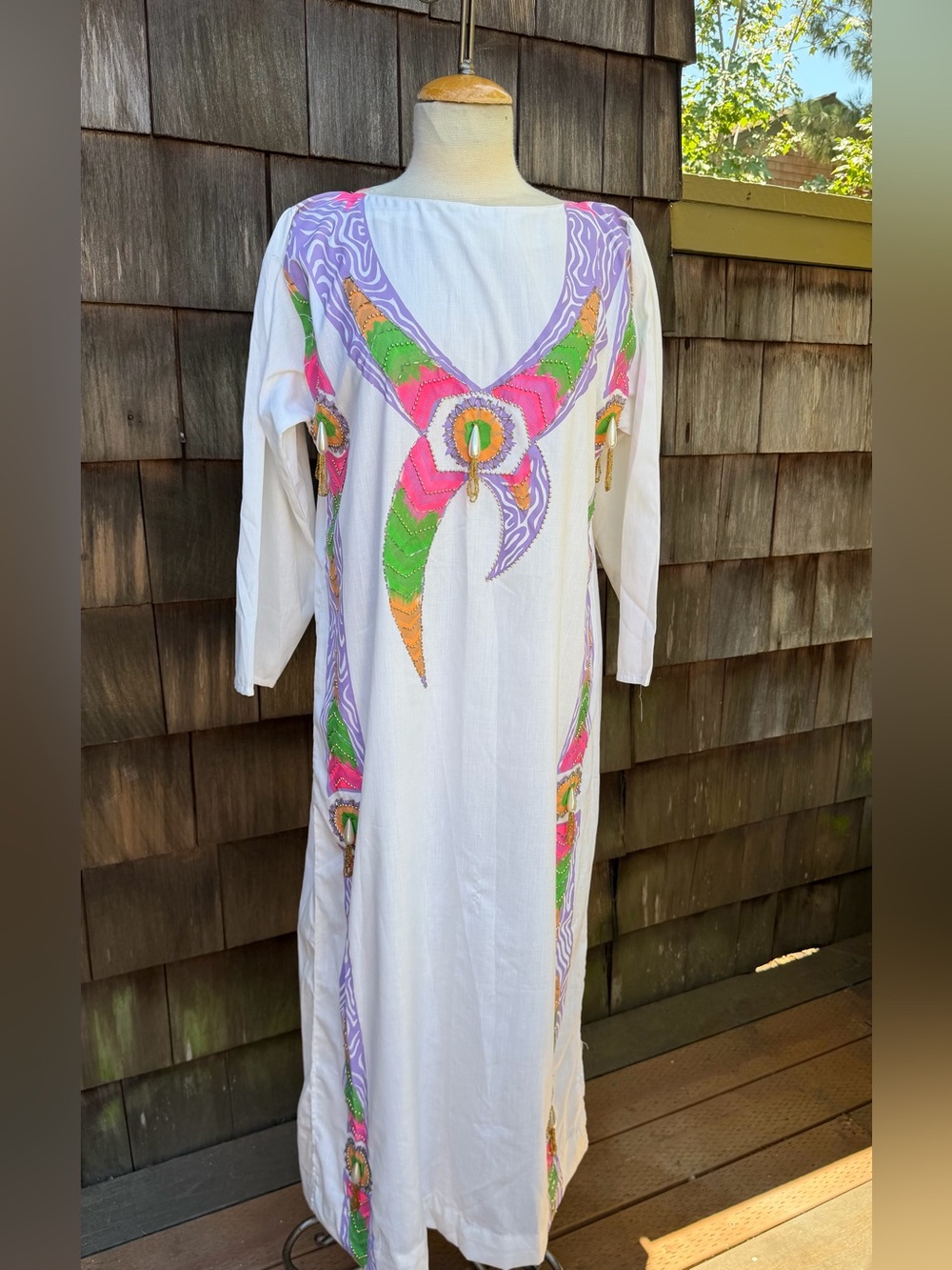 Unique boho kaftan maxi dress white with neon accents beads sz M Diamond Intl
